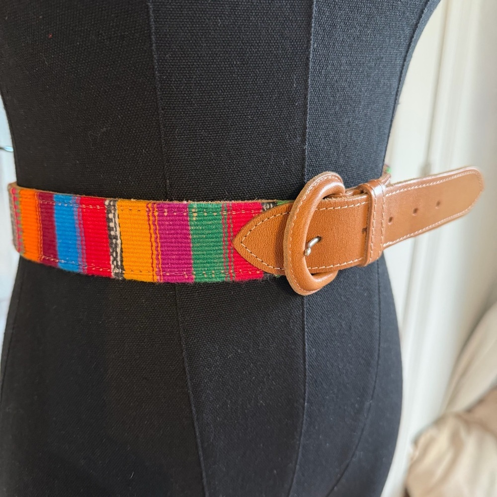 Multi colored BOHO leather trim western Serape style women belt SZ 36 large